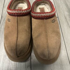 UGG Chestnut Suede Slip-On Clogs with Red and Cream Trim